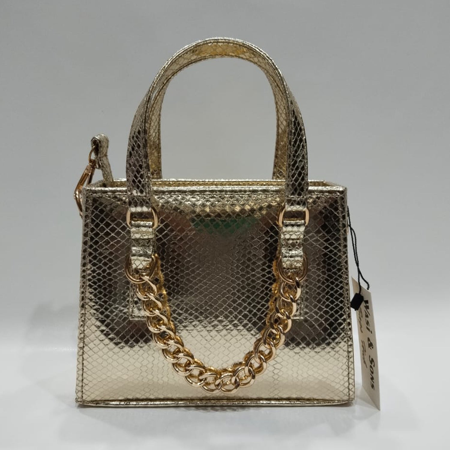Elegant Textured Leather Handbag for Women with Chain Detail & Dual Handles